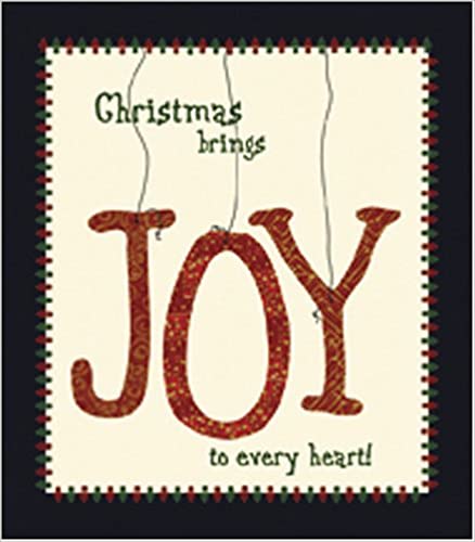 A black border has red and green christmas stitching against a cream background. In green it reads Christmas brings JOY to every heart! with the J, O, and Y hung like Christmas Ornaments.