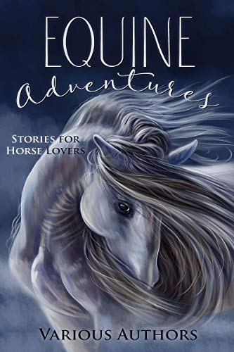 A beautiful white horse stands front and center with its mane blown by the wind. A night sky without stars behind it. In text it says Equine Adventures Stories for Horse Lovers Various Authors.